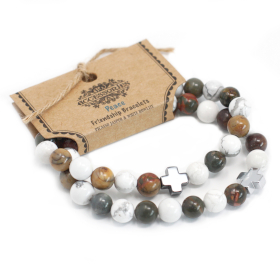 2x Conjunto de 2 pulseiras- Paz - Jaspe Picasso e Howlite branco