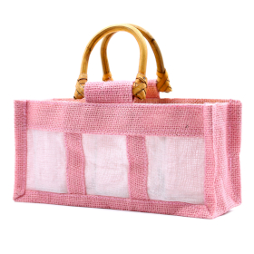 10x Sacola para presentes com janela de puro algodão e juta - três potes rosa