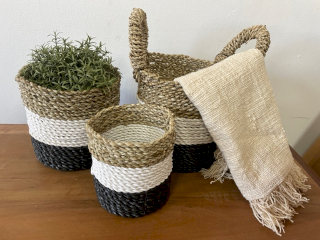 Conjunto de 3 Cestas de Ervas Marinhas - Cinza Escuro / Branco / Natural