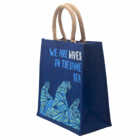 3x Saco de jute estampada - Somos Ondas - Cinza, Azul e Natural