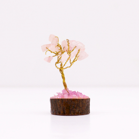 12x Mini árvores de pedras preciosas em base de madeira - Quartzo Rosa (15 pedras)