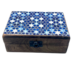 Caixa Média em Cerâmica de Madeira Vidrada - 15x10x6cm - Estrelas Azuis