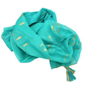 Nomad Sari - Pareo - Turquesa & Ouro com Design de Peixe