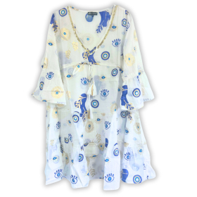 Nomad Sari (M/L) - Vestido - Branco, Azul & Olho Grego Dourado