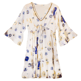 Nomad Sari (M/L) - Vestido - Branco, Azul & Olho Grego Dourado