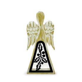 Anjo de Madeira de Manga – Branqueado com Decoração em Ferro Recortada – 18 cm