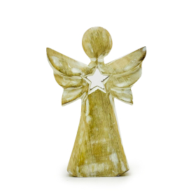 Anjo de Madeira de Manga – Branqueado com Estrela – 18 cm