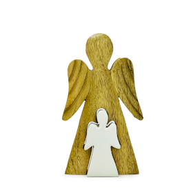 Anjos de Madeira de Manga Asas Grandes – Esmalte Branco – 15 cm