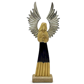 Anjo Guardião Grande de Madeira de Manga Asas de Metal e Detalhe em Esmalte – 40 cm