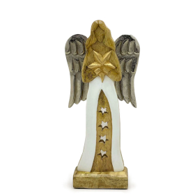 Anjo Estrela Grande de Madeira de Manga Asas de Metal e Detalhe em Esmalte – 30 cm