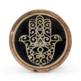 10x Disco de Incenso Dourado & Preto em Madeira de Manga – Hamsa